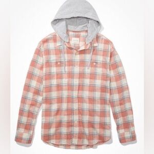 AE Plaid Hooded Button-up Shirt with Gray Hood